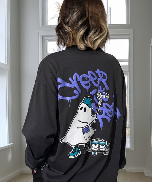 Candlestick(キャンドルスティック)の「タギング ゴースト キャット ストリート ロンT(Tシャツ/カットソー・レディース・ネイビー系1/ブラック系3/ブラック系1/杢グレー/ネイビー系2/ブラック系4/ブラック系2/ダークグリーン/ブラック系5/ホワイト系2/ホワイト系1/ホワイト系・L/M/LL)」の6枚目の写真