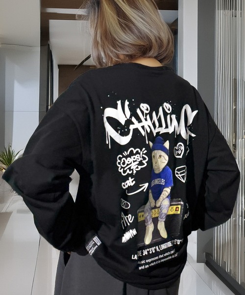 Candlestick(キャンドルスティック)の「タギング ゴースト キャット ストリート ロンT(Tシャツ/カットソー・レディース・ネイビー系1/ブラック系3/ブラック系1/杢グレー/ネイビー系2/ブラック系4/ブラック系2/ダークグリーン/ブラック系5/ホワイト系2/ホワイト系1/ホワイト系・L/M/LL)」の7枚目の写真