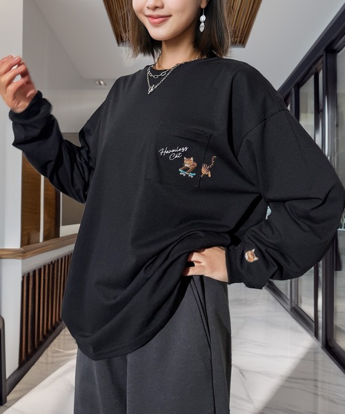 Candlestick(キャンドルスティック)の「タギング ゴースト キャット ストリート ロンT(Tシャツ/カットソー・レディース・ネイビー系1/ブラック系3/ブラック系1/杢グレー/ネイビー系2/ブラック系4/ブラック系2/ダークグリーン/ブラック系5/ホワイト系2/ホワイト系1/ホワイト系・L/M/LL)」の9枚目の写真