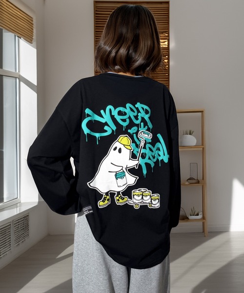 Candlestick(キャンドルスティック)の「タギング ゴースト キャット ストリート ロンT(Tシャツ/カットソー・レディース・ネイビー系1/ブラック系3/ブラック系1/杢グレー/ネイビー系2/ブラック系4/ブラック系2/ダークグリーン/ブラック系5/ホワイト系2/ホワイト系1/ホワイト系・L/M/LL)」の22枚目の写真