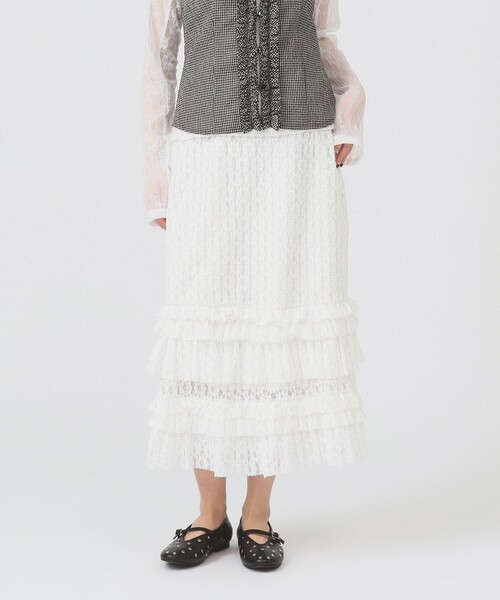 Ray BEAMS（レイビームス）の「カット レース ティアード ヘム スカート（スカート・レディース・オフホワイト/ブラック・ONE SIZE）」の6枚目の写真