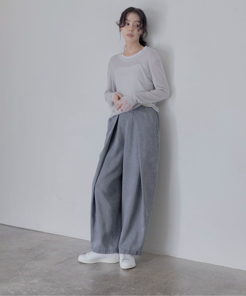 papier パピエ リブニット サルエルパンツ ブルーグレー バイオ加工ラップタックワイドパンツ Eimee Law│Eimee Law & LHELBIE