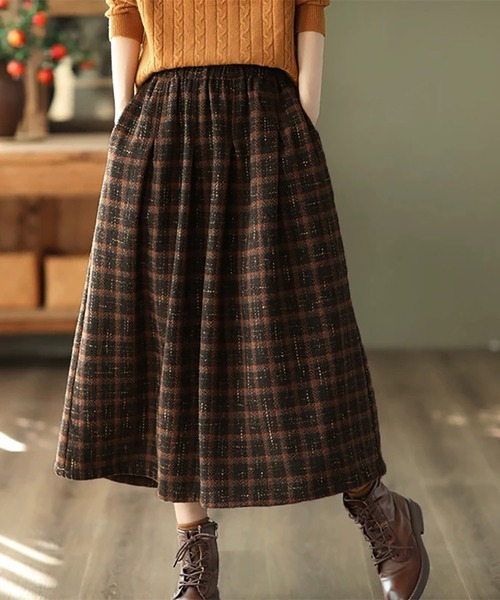セール】プリーツ風チェック柄フレアスカート（スカート）｜Doux Belle