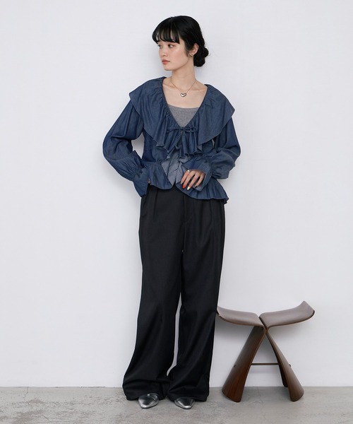 forksy.(フォルクシー)の「【forksy.】ラッフルフリル リボン ライトデニム ブラウス(シャツ/ブラウス・レディース・ネイビー/ライトグレー/ライトブルー/ブラック・FREE)」の12枚目の写真