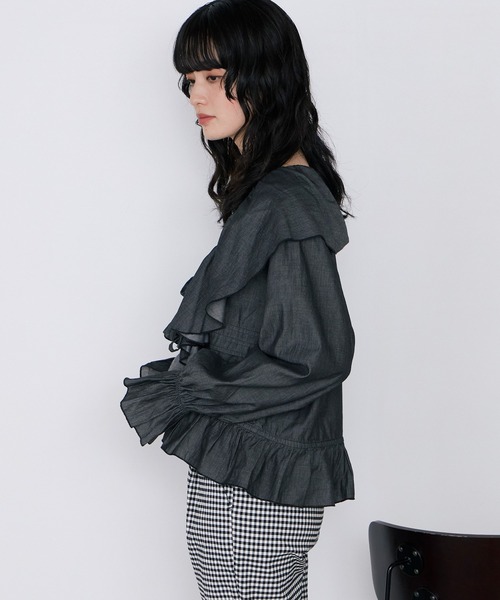 forksy.(フォルクシー)の「【forksy.】ラッフルフリル リボン ライトデニム ブラウス(シャツ/ブラウス・レディース・ネイビー/ライトグレー/ライトブルー/ブラック・FREE)」の20枚目の写真