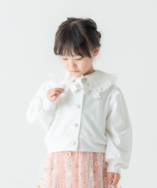 la poche biscuit（ラポシェビスキュイ）の「パールボタンカーディガン（ポンチ素材）（カーディガン/ボレロ・キッズ・オフホワイト/ピンク/ネイビー・100/110/120/130/140/90）」の2枚目の写真