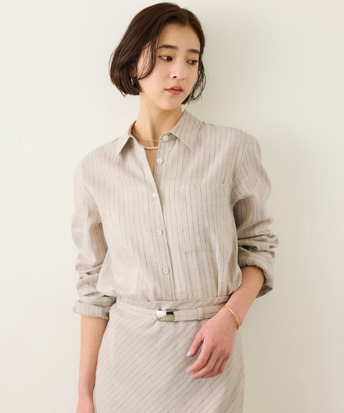 ROPE'（ロペ）の「リネンシルクコットンシャツ(無地＆ストライプ)/イージーケア・セットアップ対応（シャツ/ブラウス・レディース・ラベンダー/ベージュ・38）」の2枚目の写真