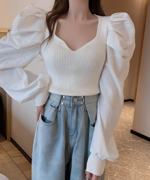 SallyLunn(サリーラン)の「Vネック袖ギャザーニット(ニット/セーター・レディース・ブラック/ベージュ/ホワイト・LARGE/MEDIUM)」の4枚目の写真