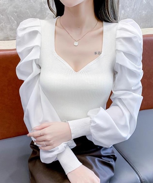 SallyLunn(サリーラン)の「Vネック袖ギャザーニット(ニット/セーター・レディース・ブラック/ベージュ/ホワイト・LARGE/MEDIUM)」の5枚目の写真