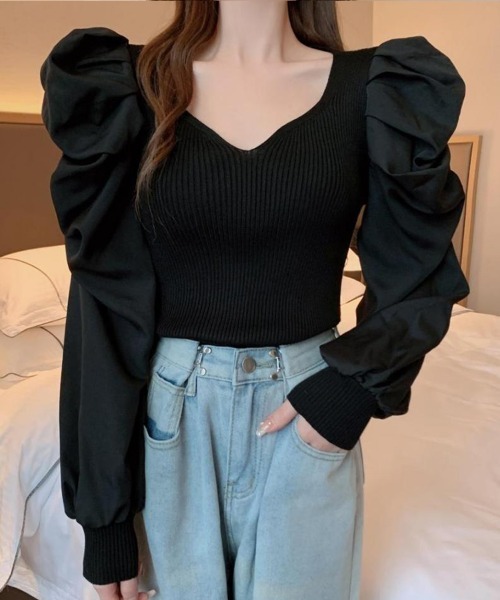 SallyLunn(サリーラン)の「Vネック袖ギャザーニット(ニット/セーター・レディース・ブラック/ベージュ/ホワイト・LARGE/MEDIUM)」の8枚目の写真