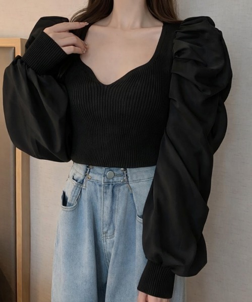 SallyLunn(サリーラン)の「Vネック袖ギャザーニット(ニット/セーター・レディース・ブラック/ベージュ/ホワイト・LARGE/MEDIUM)」の9枚目の写真