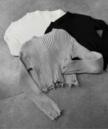 ダメージクロップドトップス / 長袖 クロップド丈 ショート丈 リブニット クルーネック ヴィンテージ 海外ガール スタイルアップ ダメージ加工 シンプル 無地 ブラック ホワイト グレー
