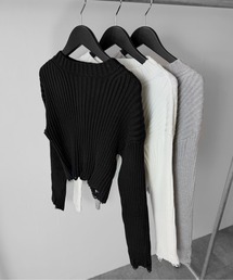 ダメージクロップドトップス / 長袖 クロップド丈 ショート丈 リブニット クルーネック ヴィンテージ 海外ガール スタイルアップ ダメージ加工 シンプル 無地 ブラック ホワイト グレー