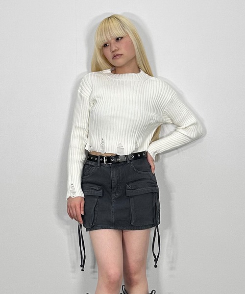 セール】ダメージクロップドトップス/【春服】長袖 クロップド丈