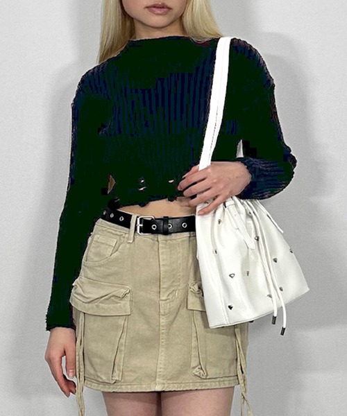 ダメージクロップドトップス/【春服】長袖 クロップド丈 リブニット