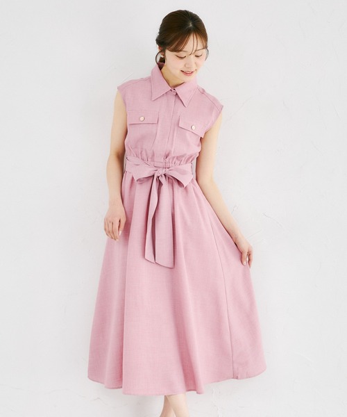 tocco closet(トッコ クローゼット)の「ウエストリボン付きリネンライクシャツワンピース(ワンピース・レディース・ブルー/ピンク/ネイビー/ミント・M)」の1枚目の写真