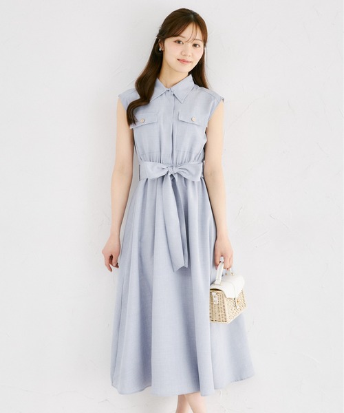 tocco closet(トッコ クローゼット)の「ウエストリボン付きリネンライクシャツワンピース(ワンピース・レディース・ブルー/ピンク/ネイビー/ミント・M)」の4枚目の写真