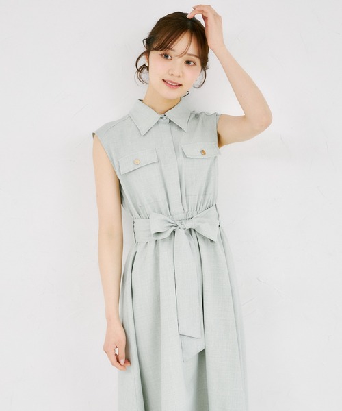 tocco closet(トッコ クローゼット)の「ウエストリボン付きリネンライクシャツワンピース(ワンピース・レディース・ブルー/ピンク/ネイビー/ミント・M)」の9枚目の写真