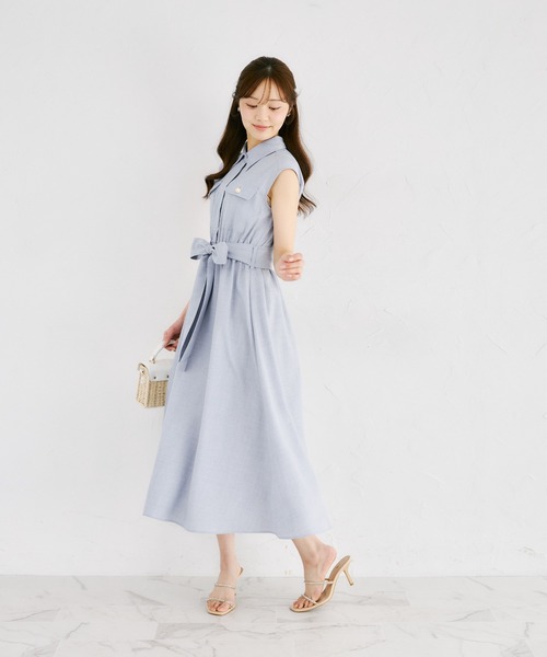 tocco closet(トッコ クローゼット)の「ウエストリボン付きリネンライクシャツワンピース(ワンピース・レディース・ブルー/ピンク/ネイビー/ミント・M)」の22枚目の写真