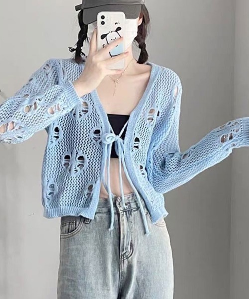SallyLunn(サリーラン)の「ハートモチーフ 透かし編みリボンカーディガン(カーディガン/ボレロ・レディース・ホワイト/ブルー/ブラック・FREE)」の3枚目の写真