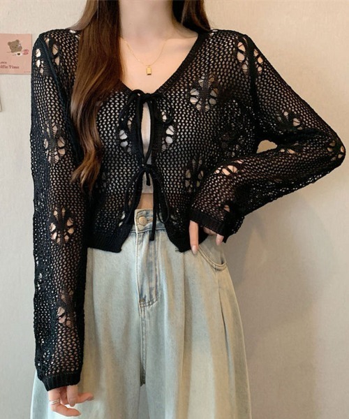 SallyLunn(サリーラン)の「ハートモチーフ 透かし編みリボンカーディガン(カーディガン/ボレロ・レディース・ホワイト/ブルー/ブラック・FREE)」の1枚目の写真