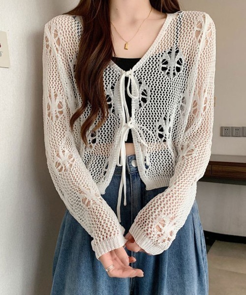 SallyLunn(サリーラン)の「ハートモチーフ 透かし編みリボンカーディガン(カーディガン/ボレロ・レディース・ホワイト/ブルー/ブラック・FREE)」の10枚目の写真