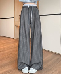 ストライプワイドパンツ ドロストウエストゆったりスラックス