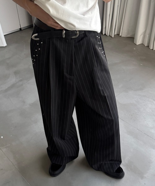 kutir（クティール）の「STUDDED STRIPED WIDE SLACKS／スタッズストライプワイドスラックス（スラックス・メンズ・ブラック/チャコールグレー・SMALL/MEDIUM/LARGE）」の5枚目の写真