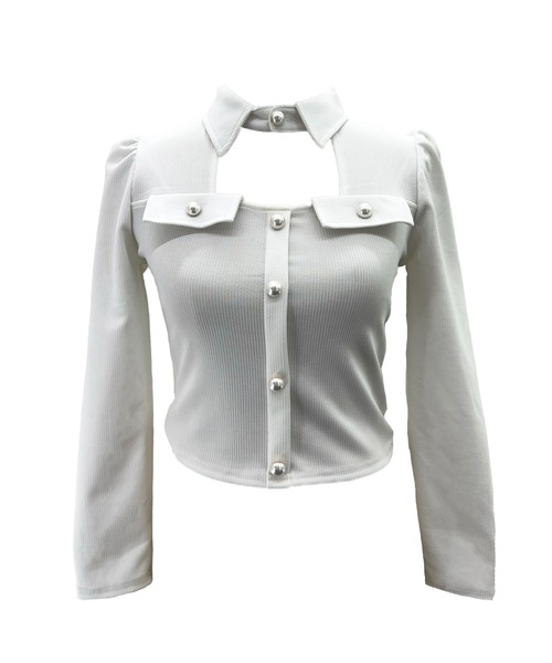 ALLuRing ChaRm(アリュリングチャーム)の「Cutout Pleated Pearl Blouse / カットアウトプリーツパールブラウス(シャツ/ブラウス・レディース・ホワイト/ブラック・FREE)」の8枚目の写真