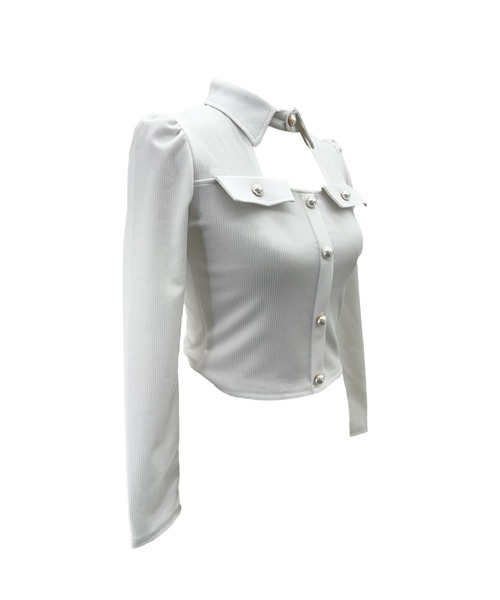 ALLuRing ChaRm(アリュリングチャーム)の「Cutout Pleated Pearl Blouse / カットアウトプリーツパールブラウス(シャツ/ブラウス・レディース・ホワイト/ブラック・FREE)」の9枚目の写真