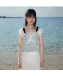 Lace Shirring Crop T-shirt [Cream]