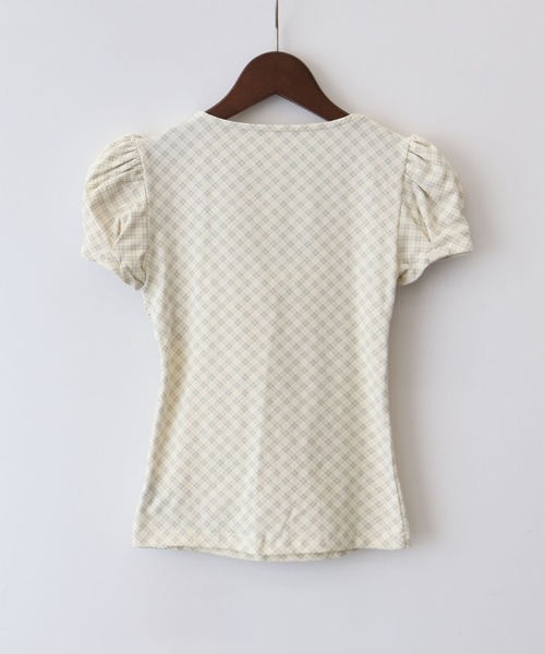 SpRay(スプレイ)の「チェックフロントリボンレイヤードショートスリーブトップス(Tシャツ/カットソー・レディース・アイボリー/グレー/カーキ・FREE)」の4枚目の写真