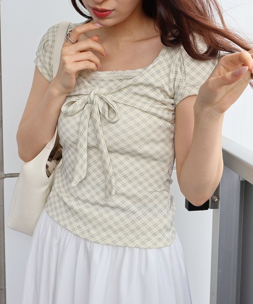 SpRay(スプレイ)の「チェックフロントリボンレイヤードショートスリーブトップス(Tシャツ/カットソー・レディース・アイボリー/グレー/カーキ・FREE)」の18枚目の写真