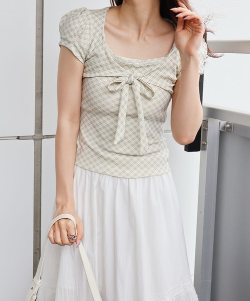 SpRay(スプレイ)の「チェックフロントリボンレイヤードショートスリーブトップス(Tシャツ/カットソー・レディース・アイボリー/グレー/カーキ・FREE)」の19枚目の写真