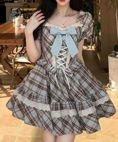 GLAMOROUS JANE（グラマラスジェーン）の「チェック柄フロントリボン半袖ミニワンピース（ワンピース・レディース・ブラウン・M/L）」の3枚目の写真