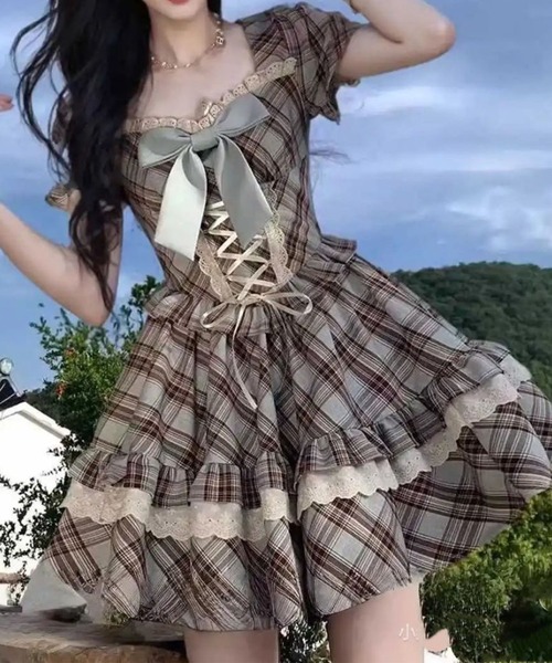 GLAMOROUS JANE（グラマラスジェーン）の「チェック柄フロントリボン半袖ミニワンピース（ワンピース・レディース・ブラウン・M/L）」の4枚目の写真