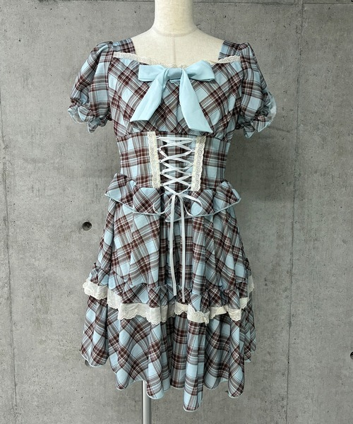 GLAMOROUS JANE（グラマラスジェーン）の「チェック柄フロントリボン半袖ミニワンピース（ワンピース・レディース・ブラウン・M/L）」の6枚目の写真