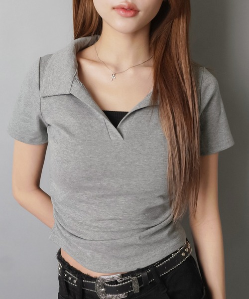 SPINNS（スピンズ）の「スキッパ―ネック半袖カットソー/ポロシャツ（Tシャツ/カットソー・レディース・ネイビー/オフホワイト/ブラック/グレー・ONESIZE）」の4枚目の写真