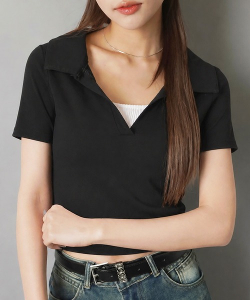 SPINNS（スピンズ）の「スキッパ―ネック半袖カットソー/ポロシャツ（Tシャツ/カットソー・レディース・ネイビー/オフホワイト/ブラック/グレー・ONESIZE）」の3枚目の写真