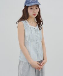 【umm./WEB限定】レース使いチェックフレンチブラウス