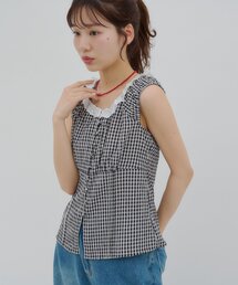 【umm./WEB限定】レース使いチェックフレンチブラウス