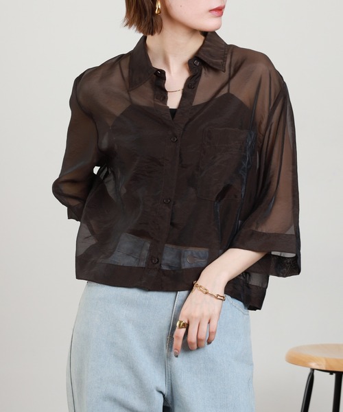 Anna Nicola(アンナニコラ)の「Anna Nicola シアーショートシャツ 半端袖(シャツ/ブラウス・レディース・ブラック/モカ/テラコッタ・38)」の1枚目の写真