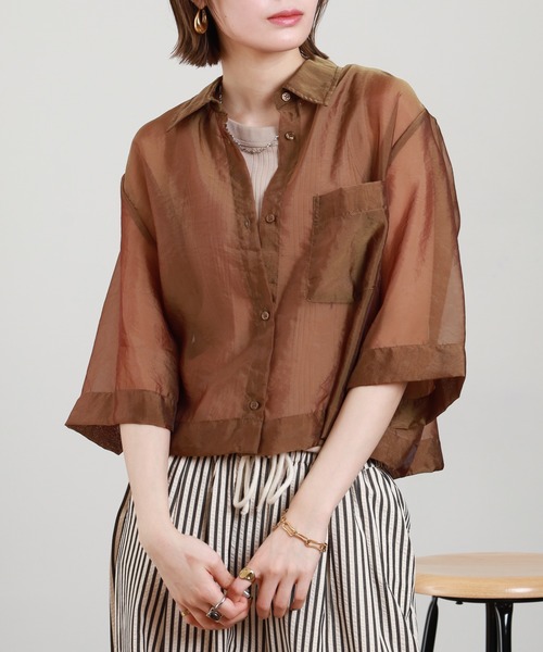 Anna Nicola(アンナニコラ)の「Anna Nicola シアーショートシャツ 半端袖(シャツ/ブラウス・レディース・ブラック/モカ/テラコッタ・38)」の20枚目の写真