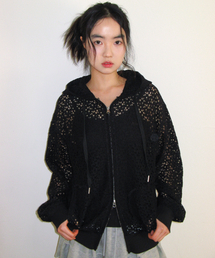 LACE HOODIE ZIP-UP BLACK