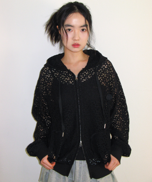 LACE HOODIE ZIP‑UP — кружевной худи‑молния, чёрный