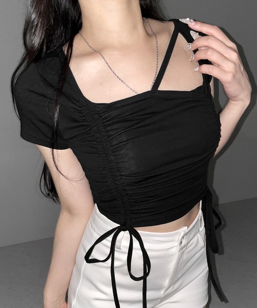 me+em select(ミームセレクト)の「【 3color 】ダブルシャーリングリボンストラップTシャツ / double shirring ribbon strap T-shirts(Tシャツ/カットソー・レディース・ブラック/ホワイト/ピンク・FREE)」の18枚目の写真
