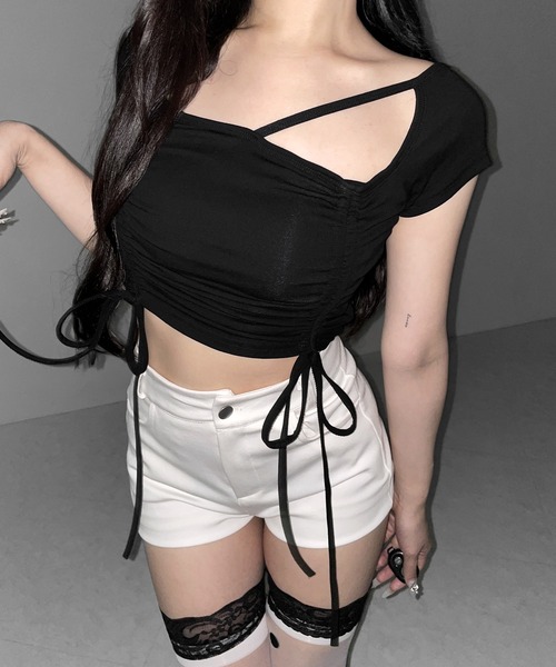 me+em select(ミームセレクト)の「【 3color 】ダブルシャーリングリボンストラップTシャツ / double shirring ribbon strap T-shirts(Tシャツ/カットソー・レディース・ブラック/ホワイト/ピンク・FREE)」の20枚目の写真