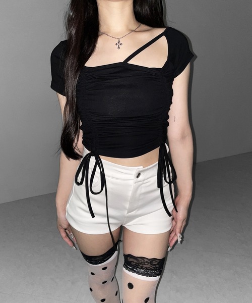 me+em select(ミームセレクト)の「【 3color 】ダブルシャーリングリボンストラップTシャツ / double shirring ribbon strap T-shirts(Tシャツ/カットソー・レディース・ブラック/ホワイト/ピンク・FREE)」の22枚目の写真