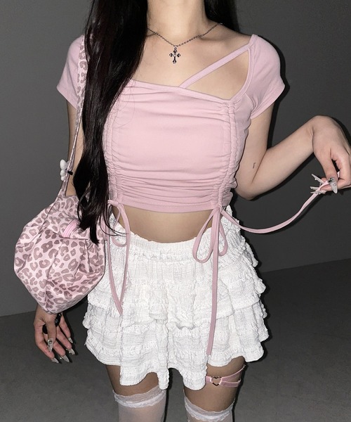 me+em select(ミームセレクト)の「【 3color 】ダブルシャーリングリボンストラップTシャツ / double shirring ribbon strap T-shirts(Tシャツ/カットソー・レディース・ブラック/ホワイト/ピンク・FREE)」の10枚目の写真
