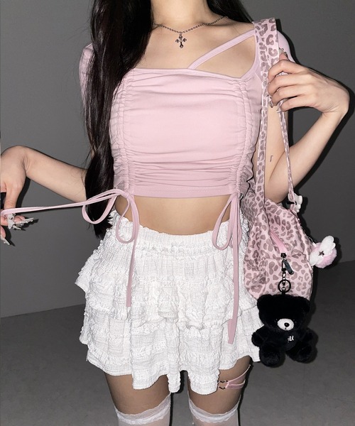 me+em select(ミームセレクト)の「【 3color 】ダブルシャーリングリボンストラップTシャツ / double shirring ribbon strap T-shirts(Tシャツ/カットソー・レディース・ブラック/ホワイト/ピンク・FREE)」の11枚目の写真